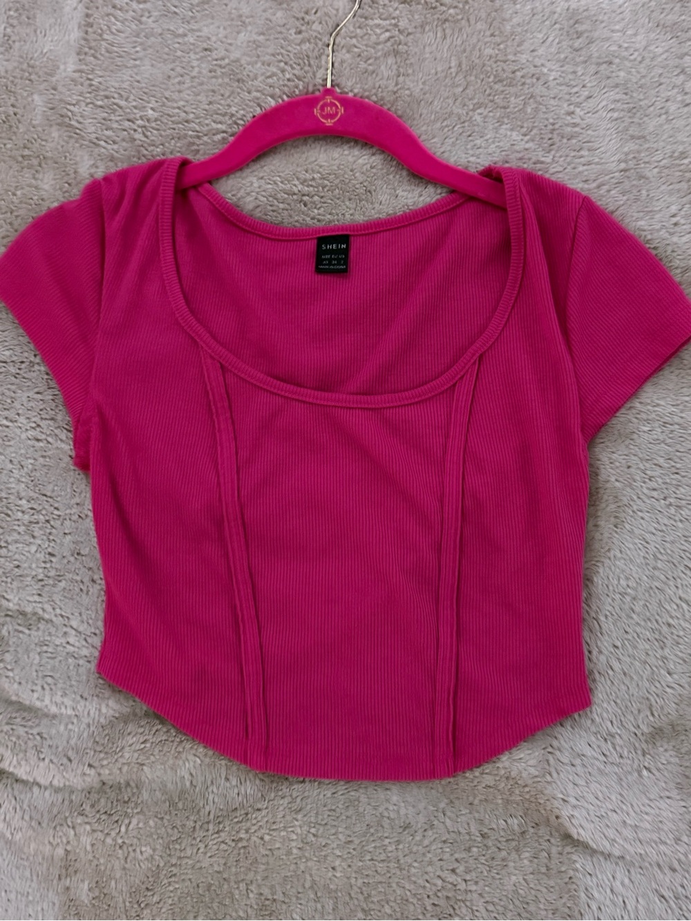 Hot Pink Ribbed Scoop Neck Short Sleeve Crop Top